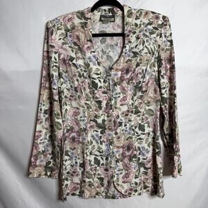 Vintage Wrapper USA Floral Blouse Large Cottagecore Button Front Acetate Rayon 9